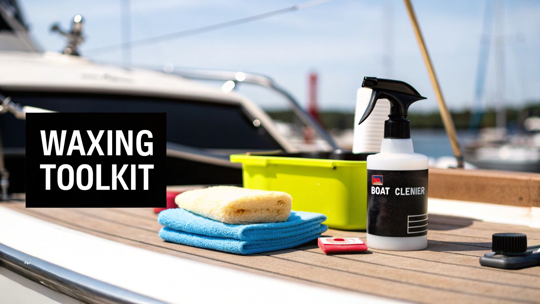 Boat cleaning and waxing toolkit displayed on a yacht deck, including a spray bottle, towels, and sponge.