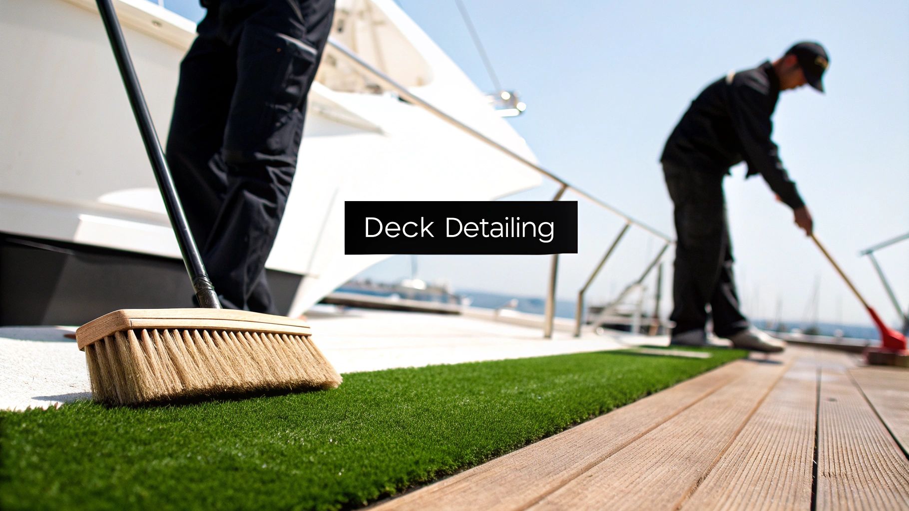 Two professional workers are cleaning and detailing a boat deck with brooms and brushes.
