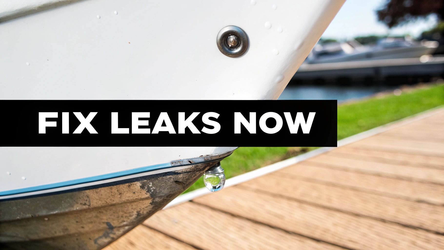A white boat with 'FIX LEAKS NOW' banner docked next to a wooden pier, highlighting maintenance.
