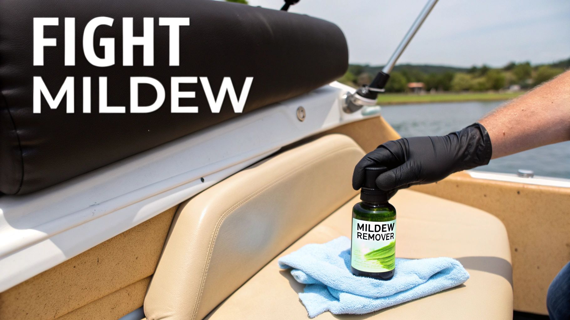 A gloved hand holds a mildew remover bottle and towel on boat upholstery with a lake in the background.