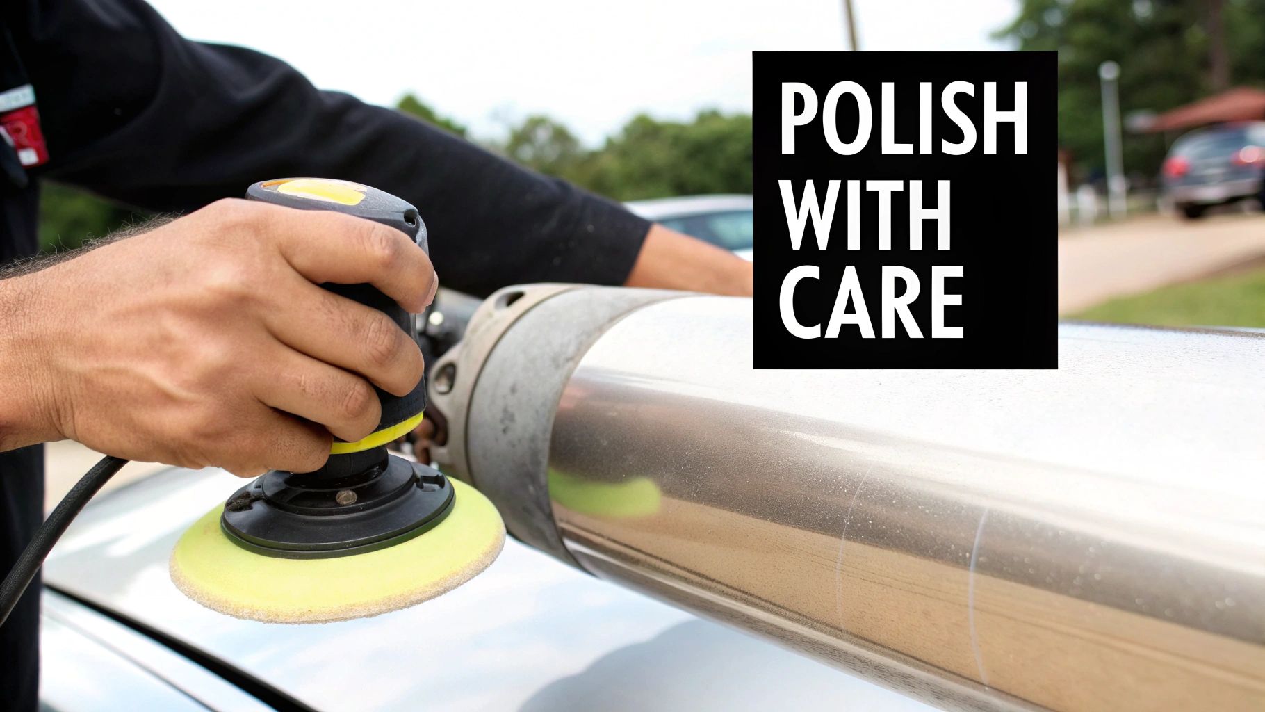 A person uses an orbital polisher to polish the aluminum surface of a boat, with overlay text.