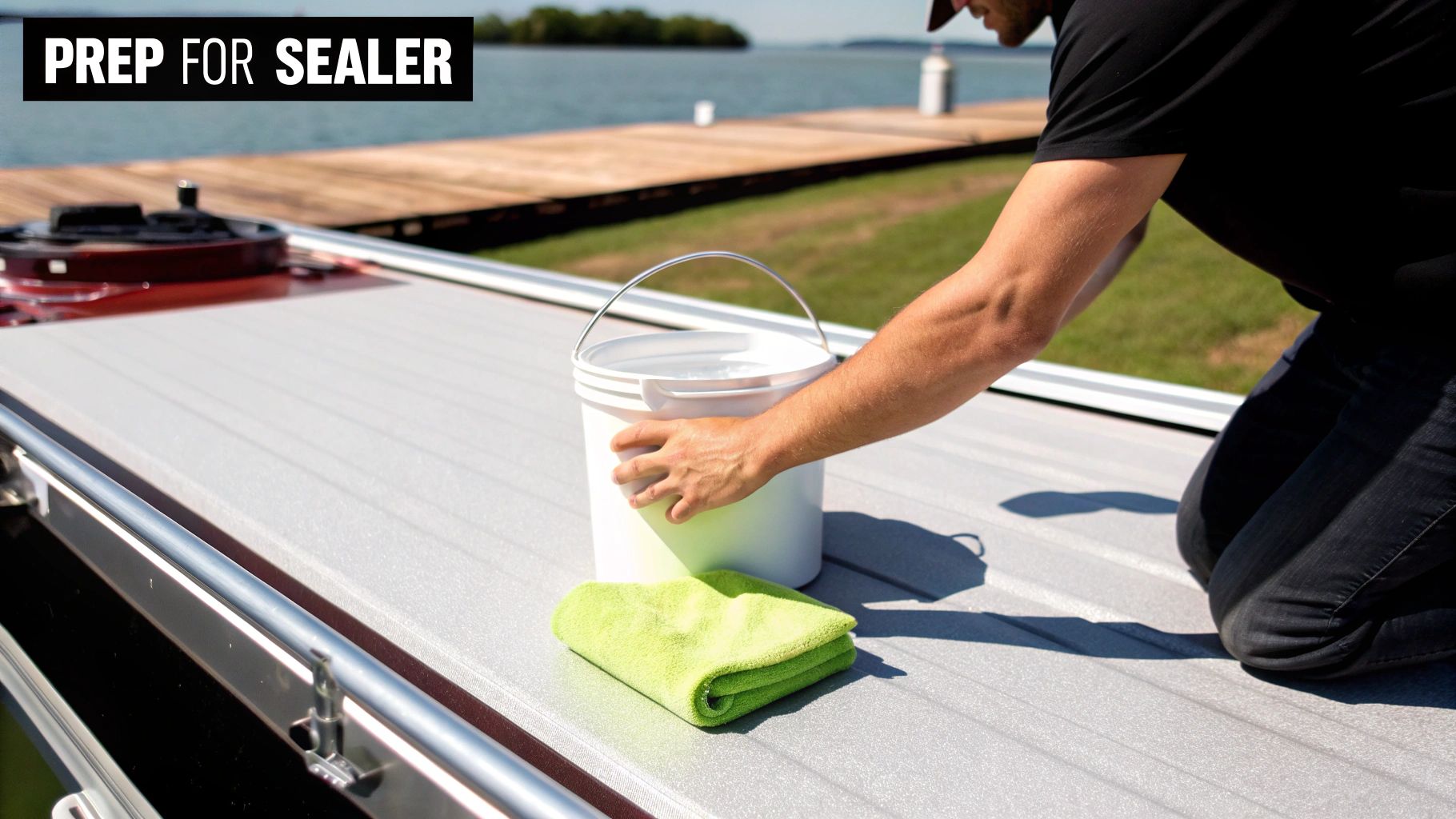 A person's hands hold a bucket and towel, prepping a boat's roof for sealer near water.
