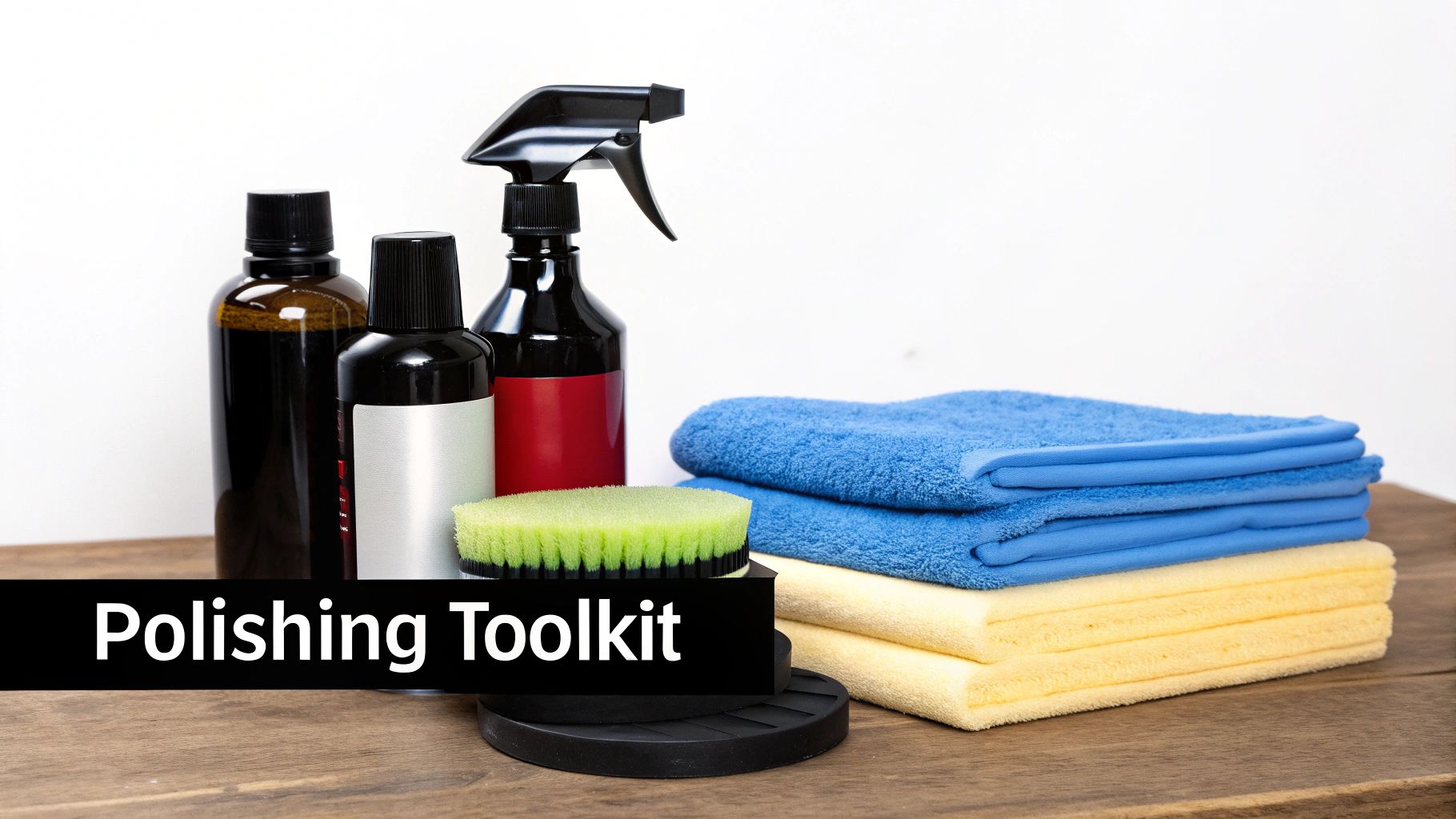 A 'Polishing Toolkit' on a wooden surface, featuring cleaning bottles, a brush, and stacks of blue and yellow microfiber towels.