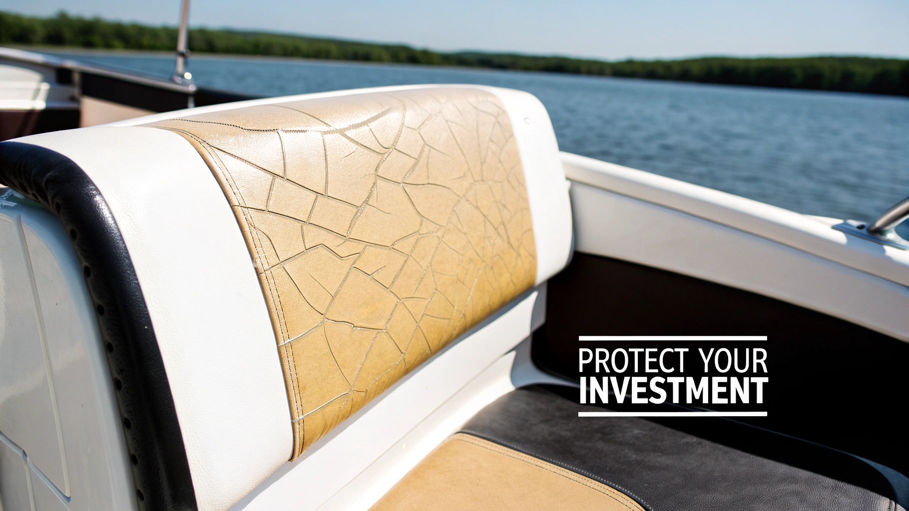 Close-up of cracked and worn tan boat seat upholstery, with text 'Protect Your Investment' against a lake background.