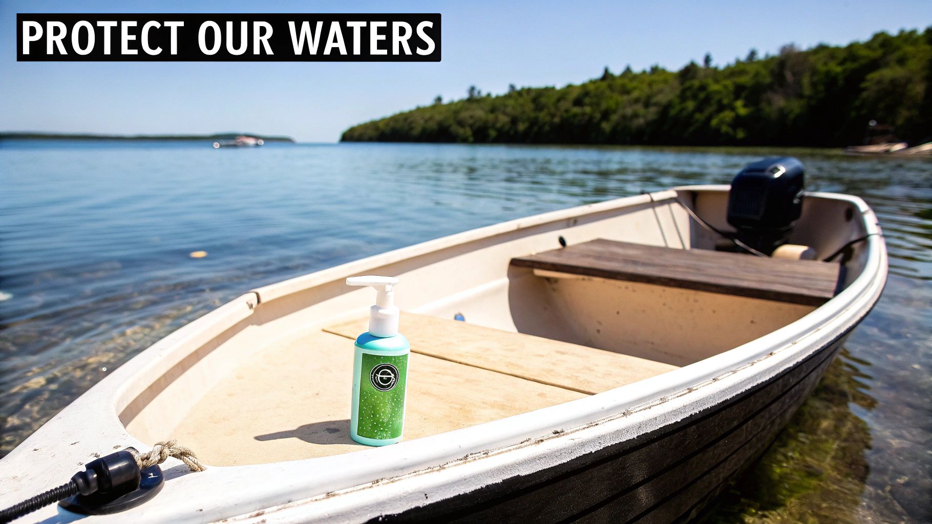 Eco-friendly boat cleaning product bottle in a boat on a lake with a 'Protect Our Waters' message.