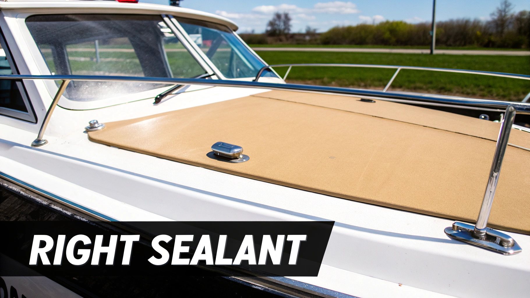 A close-up view of a white boat's bow with tan deck padding and chrome railings.