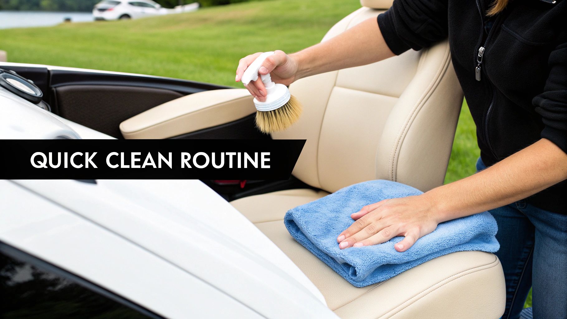 A person cleaning a light-colored boat or car seat with a detailing brush and microfiber towel.