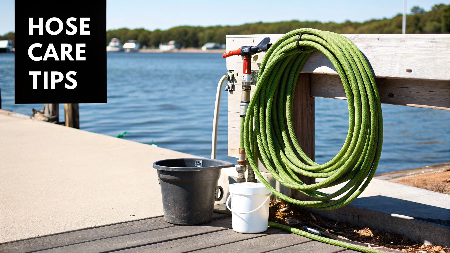 Green garden hose coiled on a wooden dock by a calm lake, featuring a 'Hose Care Tips' sign.