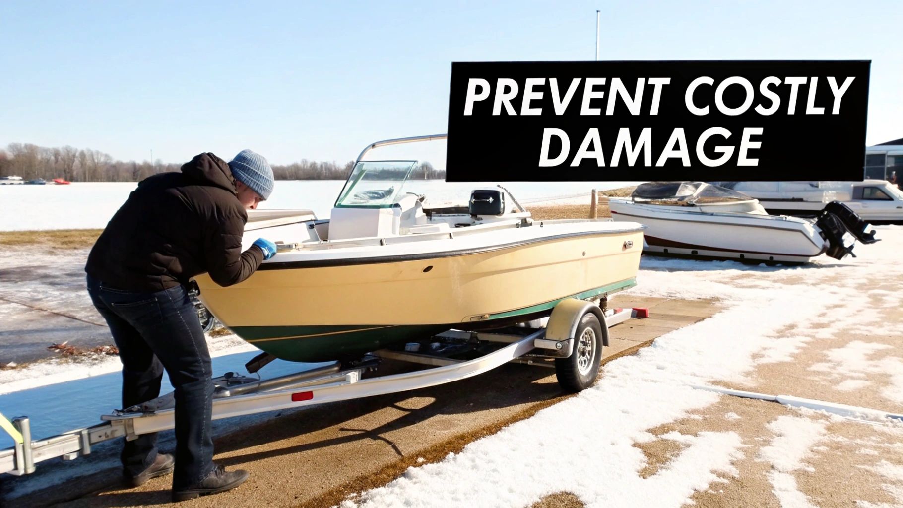 A man inspects a boat on a trailer in a snowy landscape, emphasizing winter boat maintenance.