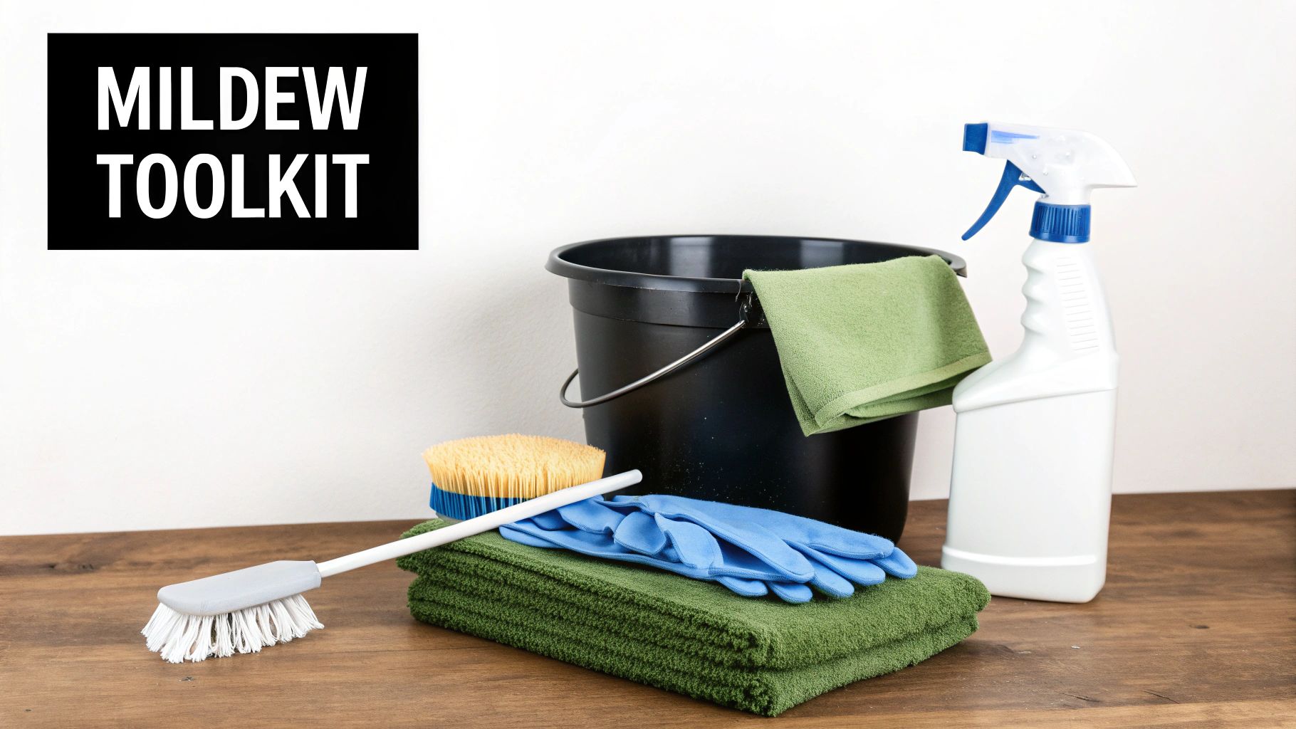 A collection of mildew cleaning tools including brushes, towels, gloves, a bucket, and a spray bottle.