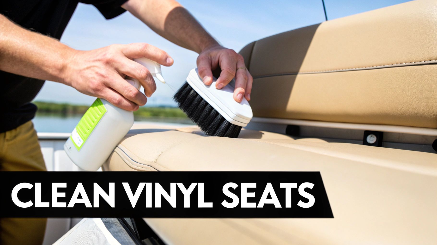 A person cleaning beige vinyl boat seats outdoors with a spray bottle and a scrub brush.