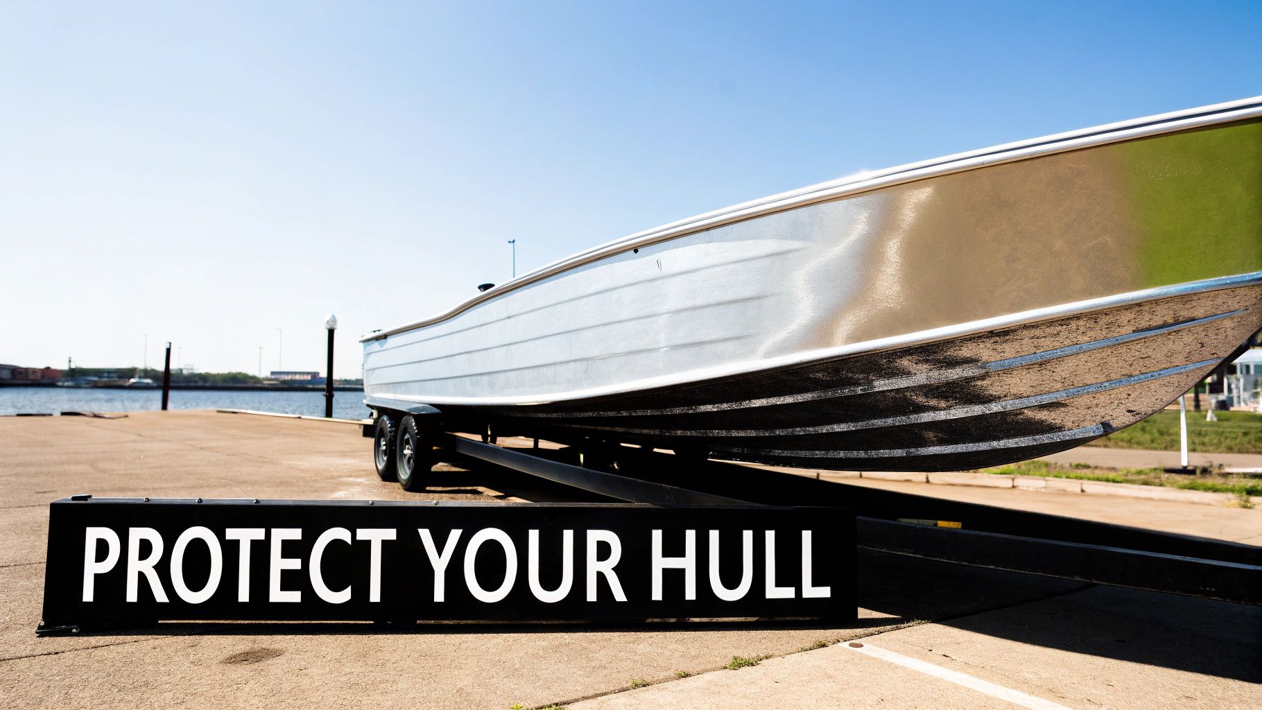 A shiny aluminum boat on a trailer near a lake with a 'Protect Your Hull' sign.