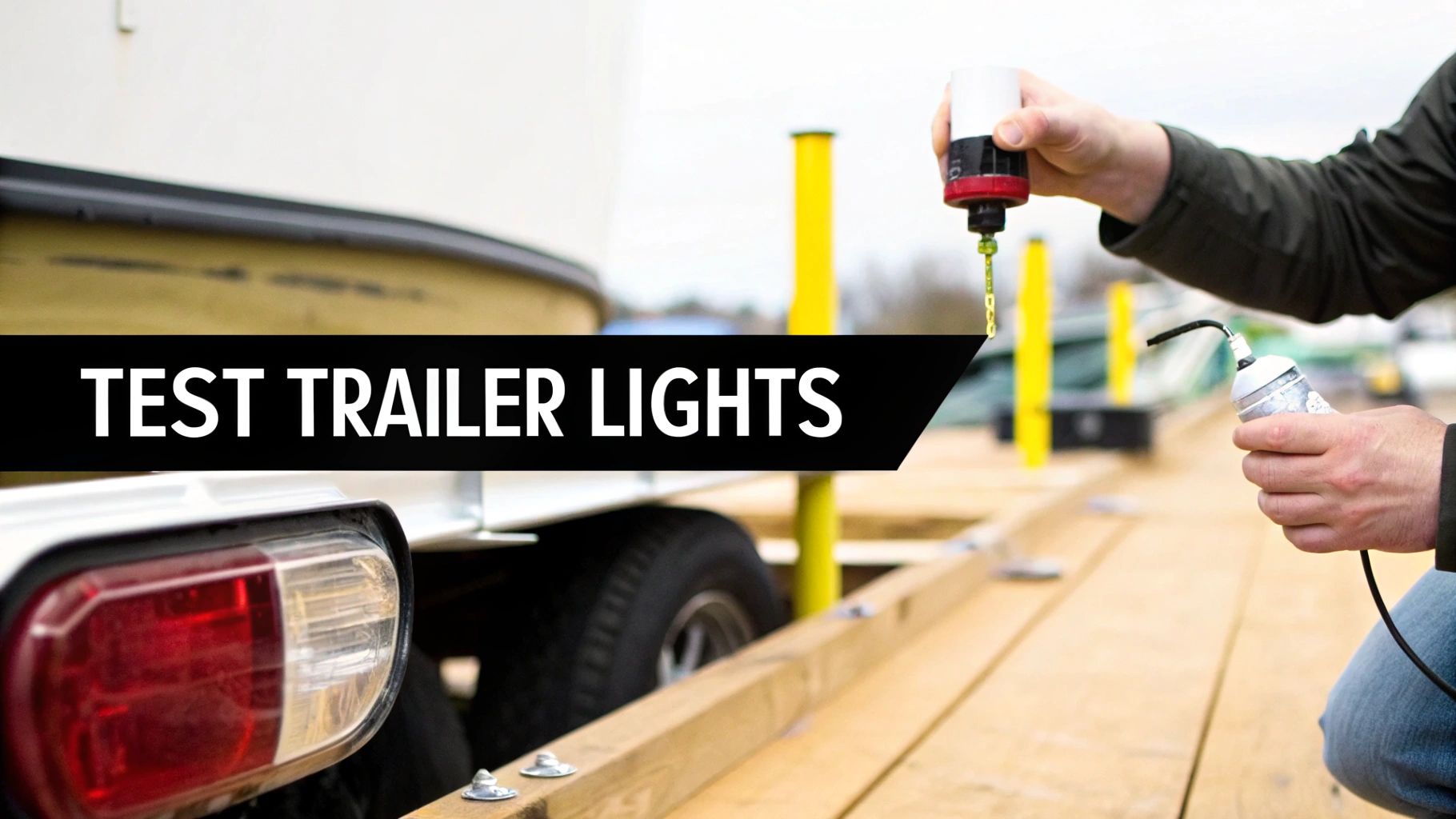 A person performs maintenance, testing the trailer lights on a boat trailer with specialized tools.