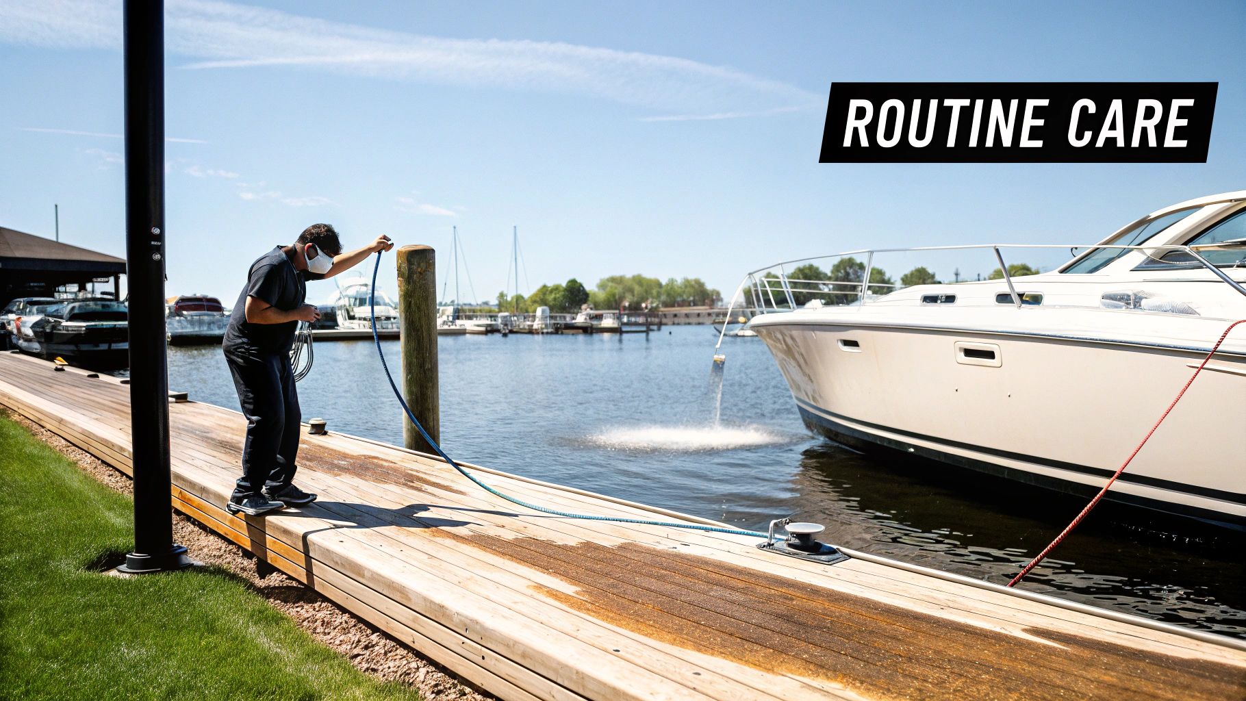 A person on a wooden dock spraying water with a hose towards a white boat in a marina.