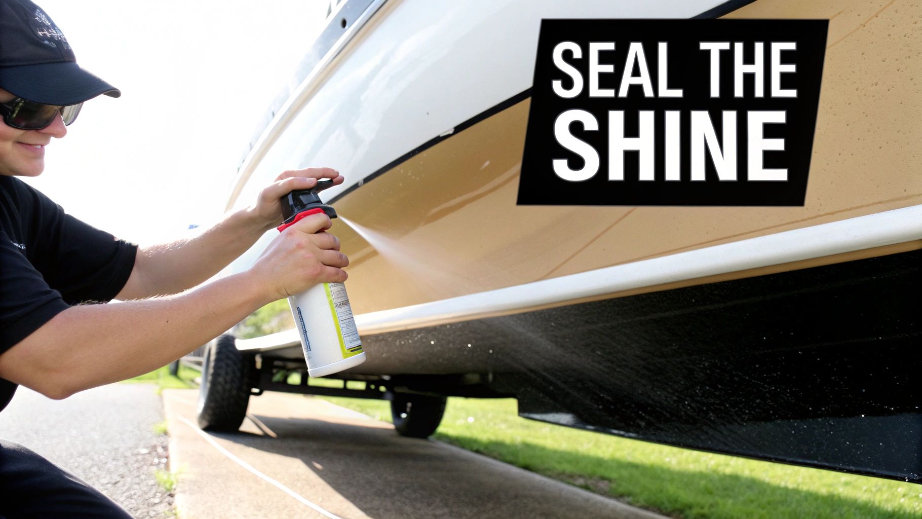 Person in sunglasses spraying a boat hull with cleaner, sealing the shine for maintenance.