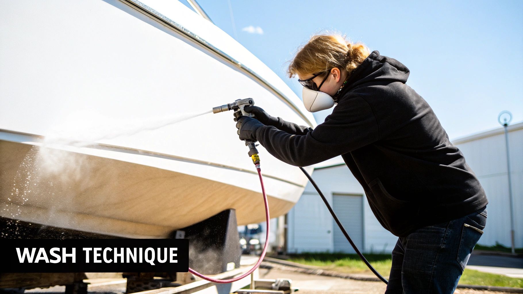 A person wearing a mask and gloves uses a pressure washer to clean the side of a white boat.