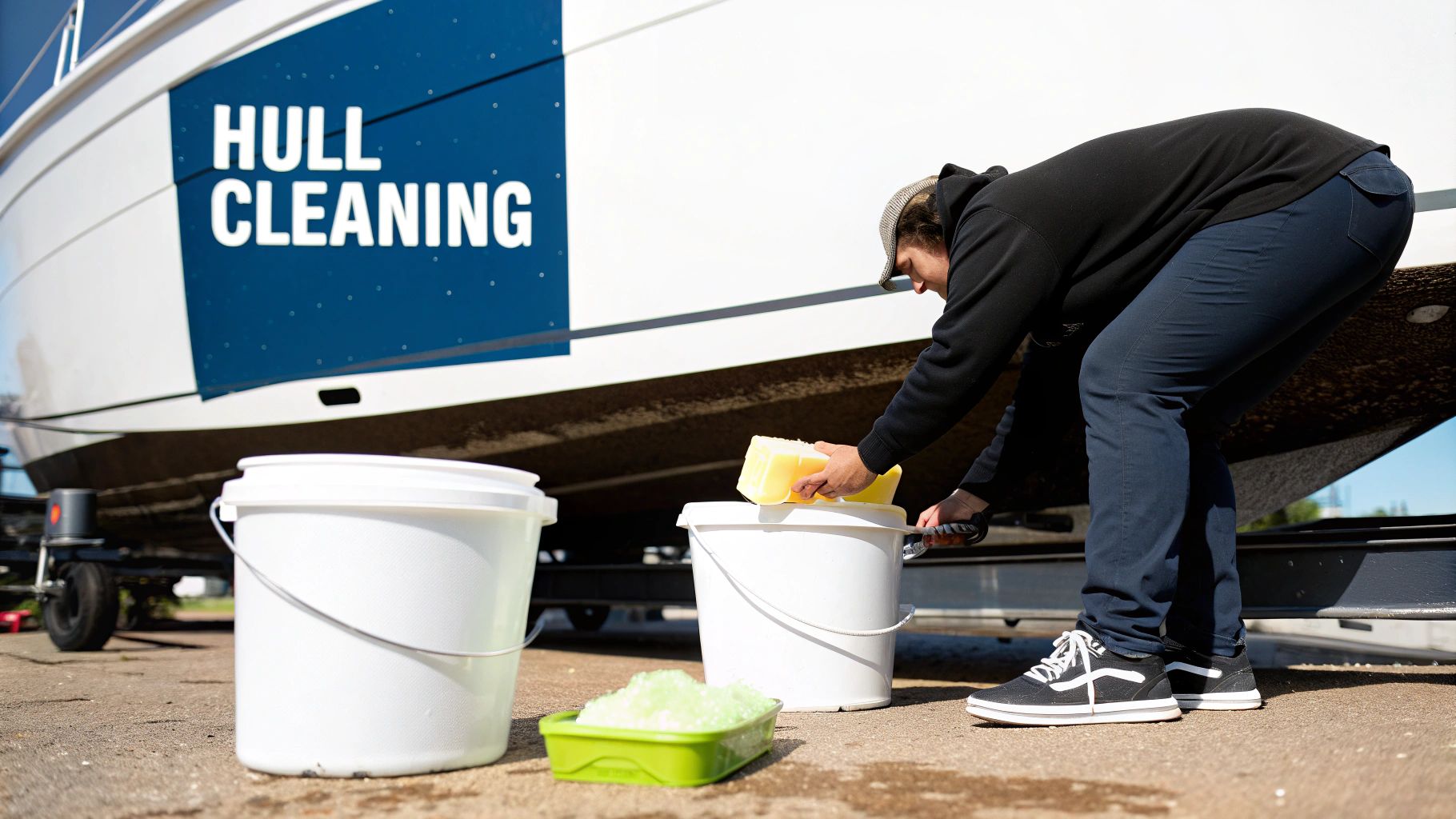 A person cleaning a boat hull with sponges and soapy water, with 'HULL CLEANING' text on the side.