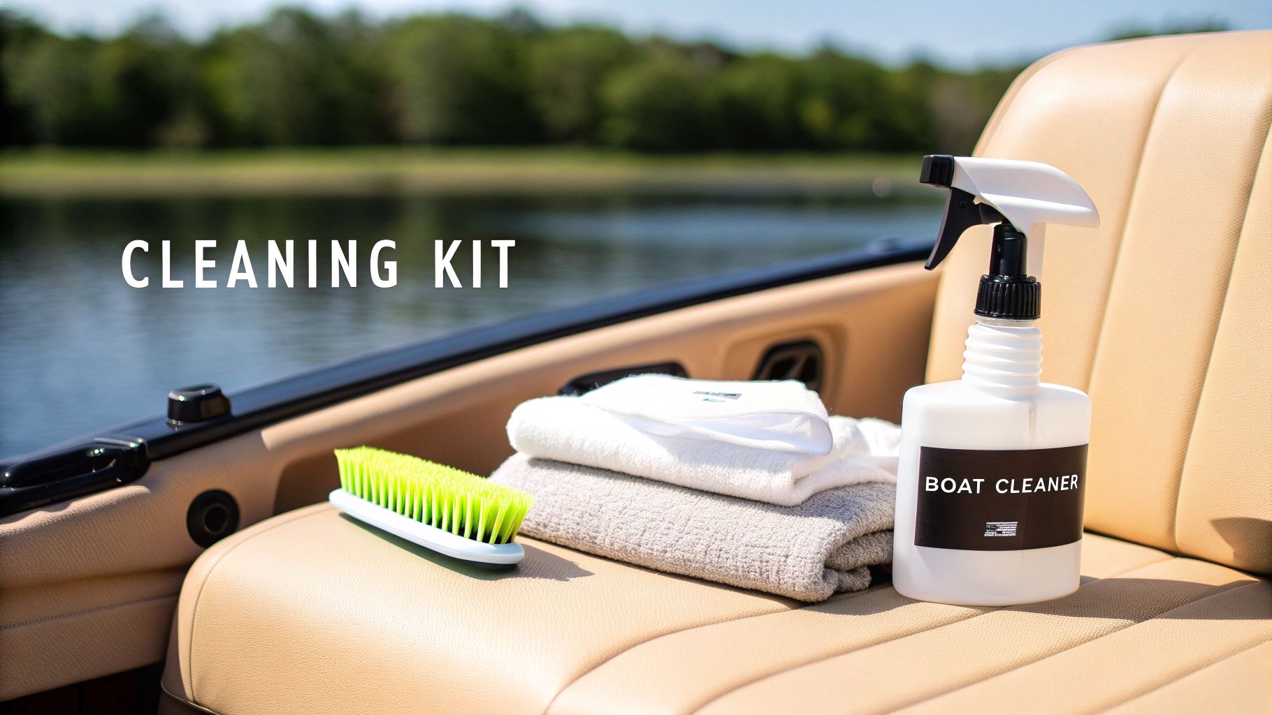 A boat cleaning kit with a spray bottle, brush, and towels on a tan boat seat.