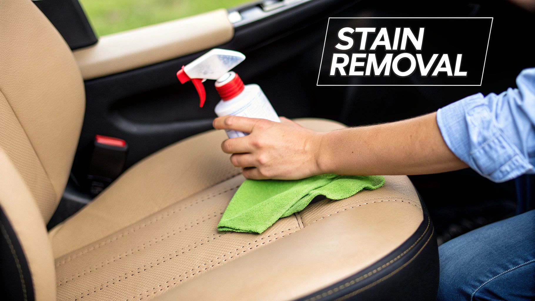 A person uses a spray bottle and microfiber cloth to clean a light brown car seat, removing stains.