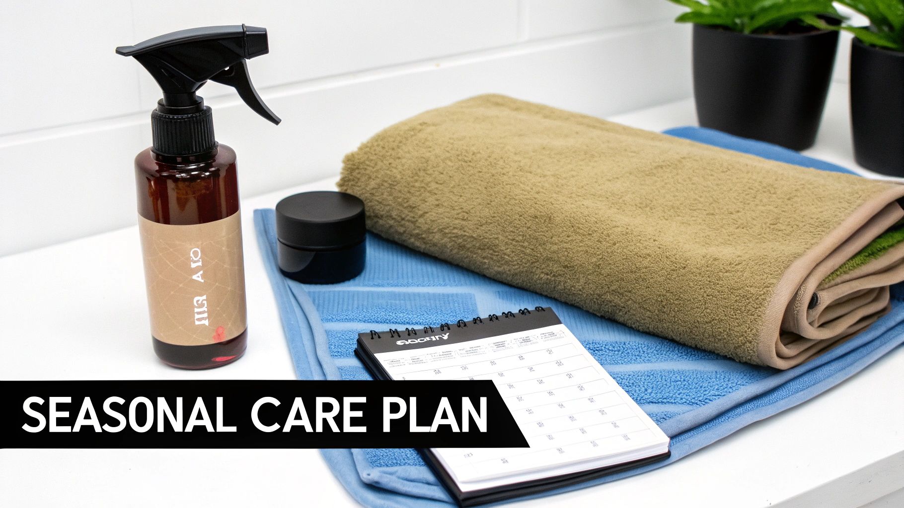 A brown spray bottle, black jar, stacked towels, and a calendar with 'SEASONAL CARE PLAN' text.