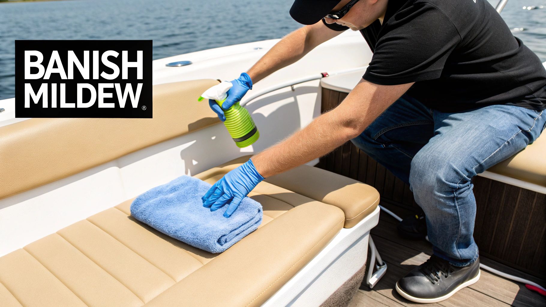 Person in gloves cleaning tan boat seats with a spray bottle and blue towel, using Banish Mildew.