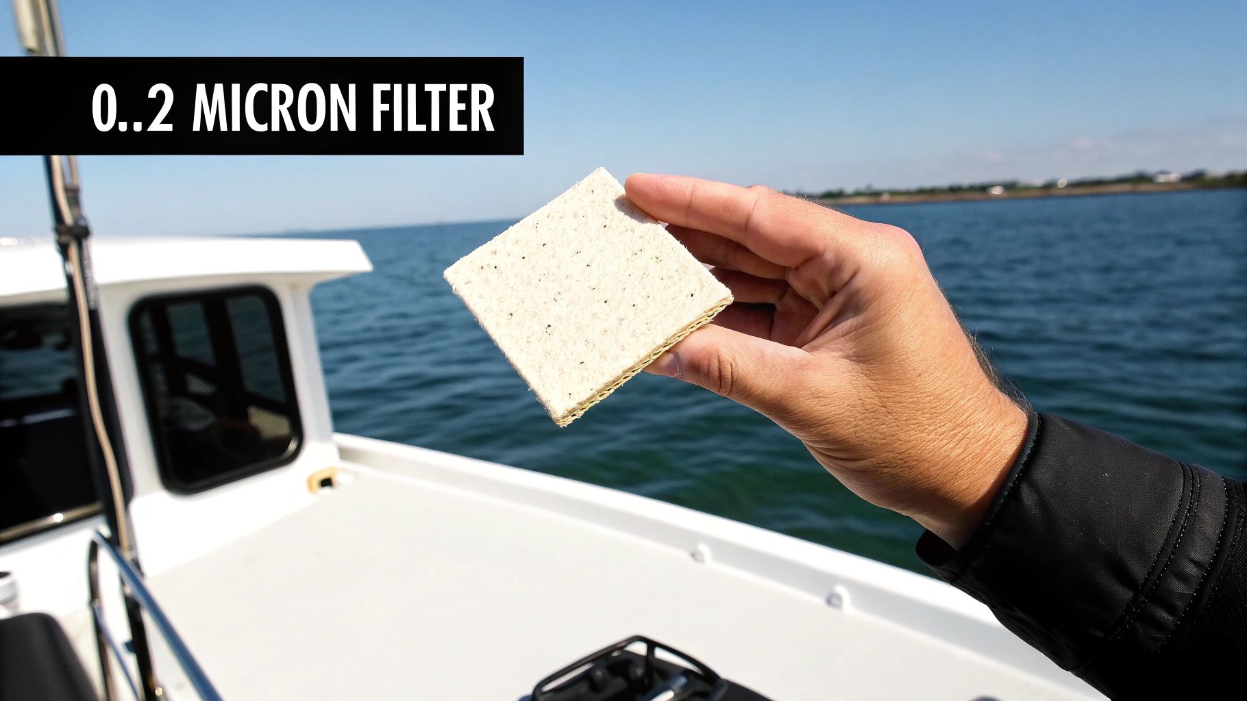 A hand holds a square 0.2 micron filter on a boat, with blue ocean water and sky.