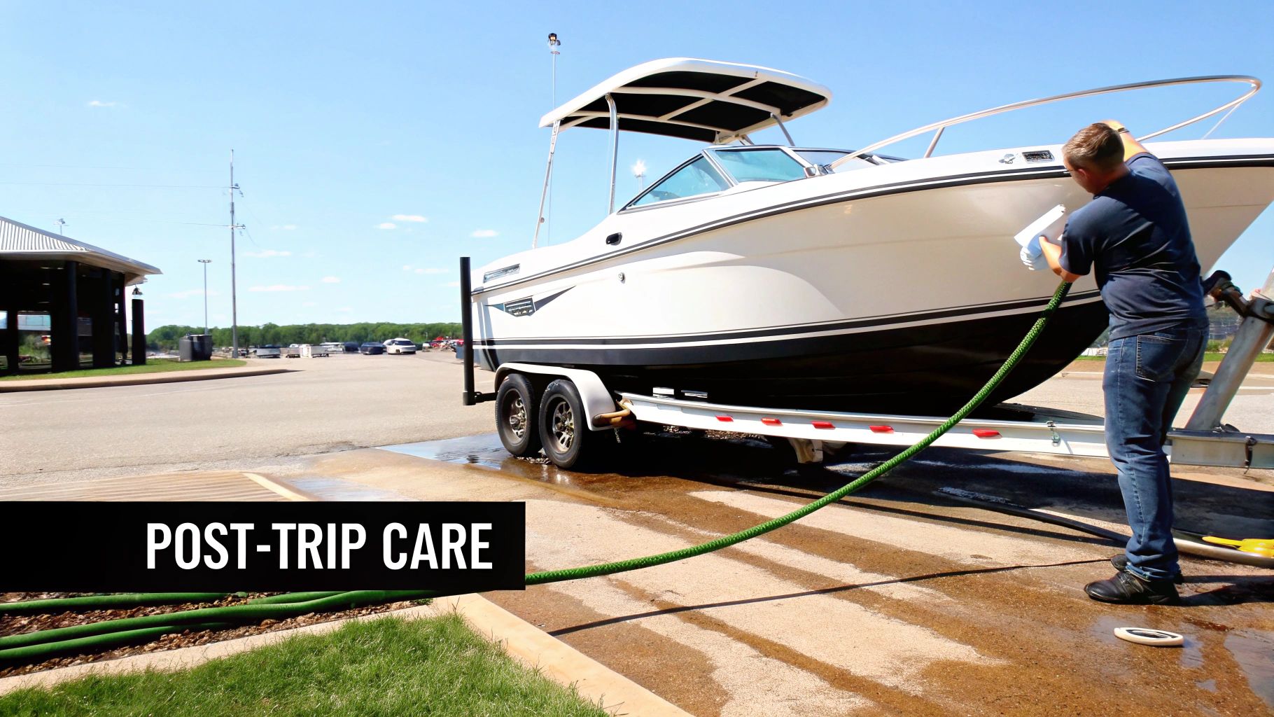Man diligently washing a boat on a trailer with a hose and sponge, practicing post-trip care.