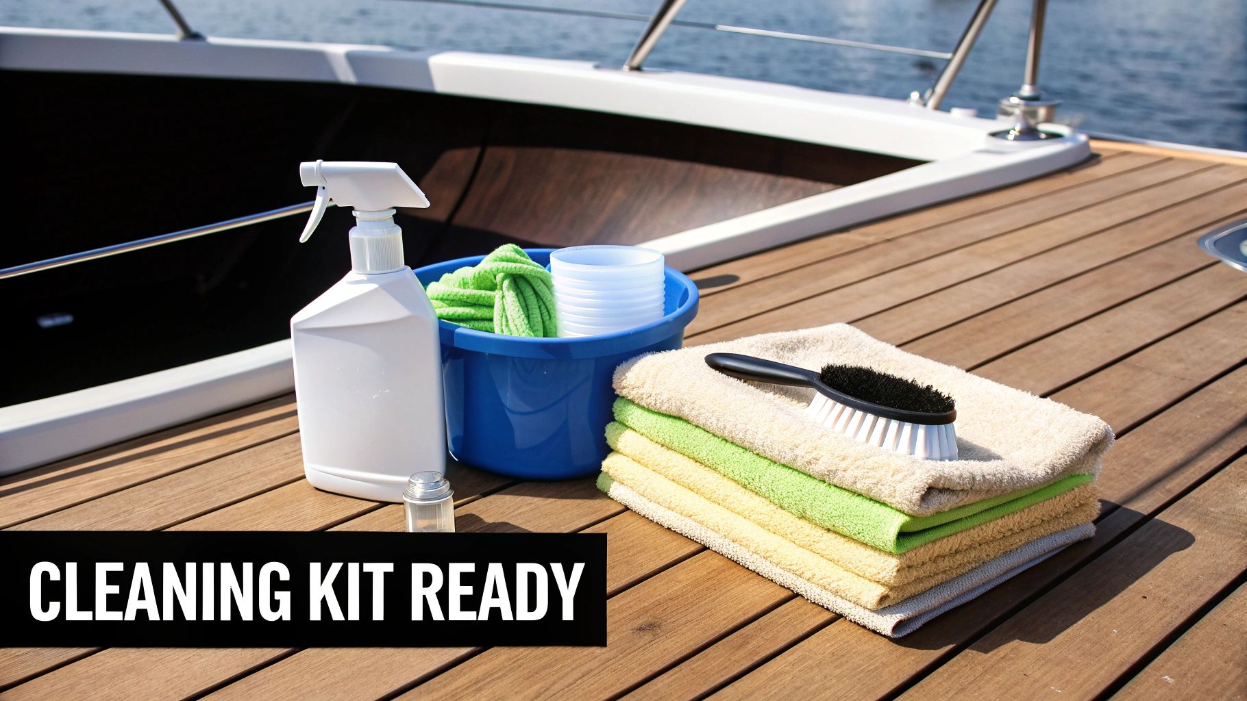 A white spray bottle, blue bucket with green cloths, stacked towels, and a brush on a boat deck, ready for cleaning.