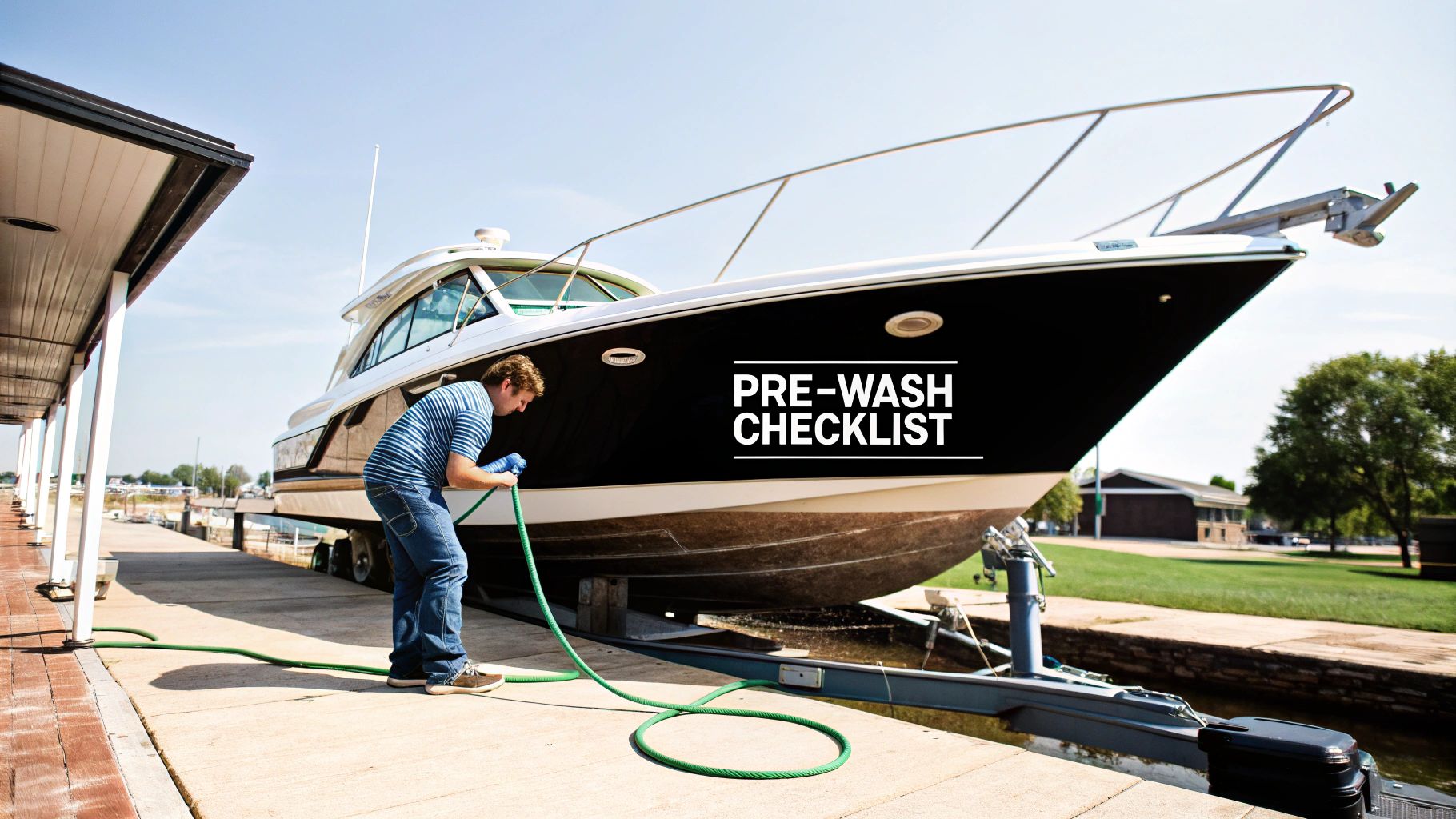 A man in blue gloves sprays water from a green hose onto a large boat on a trailer, with text "PRE-WASH CHECKLIST".