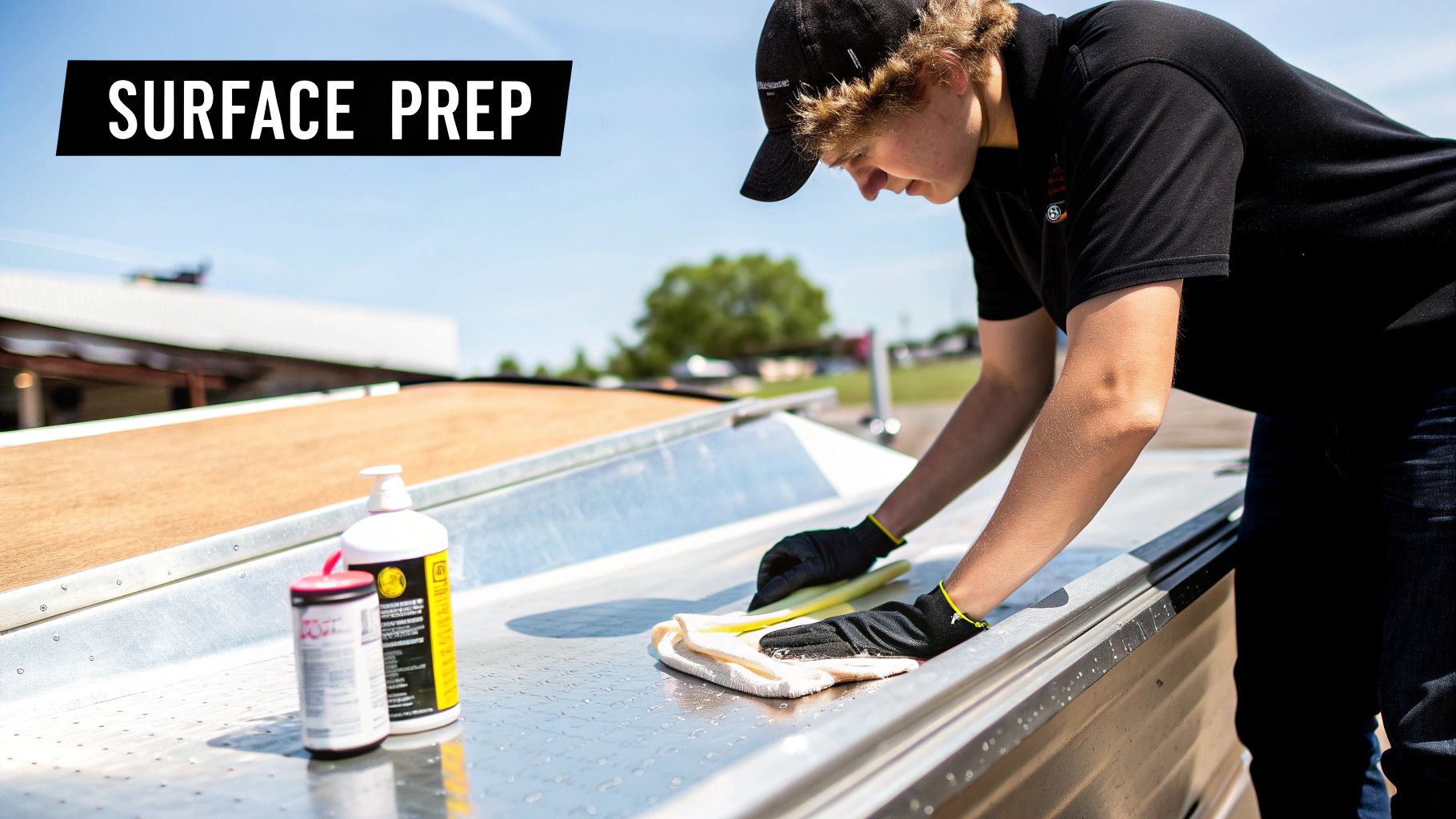 A person in black gloves meticulously cleans a metal boat surface outdoors for preparation.