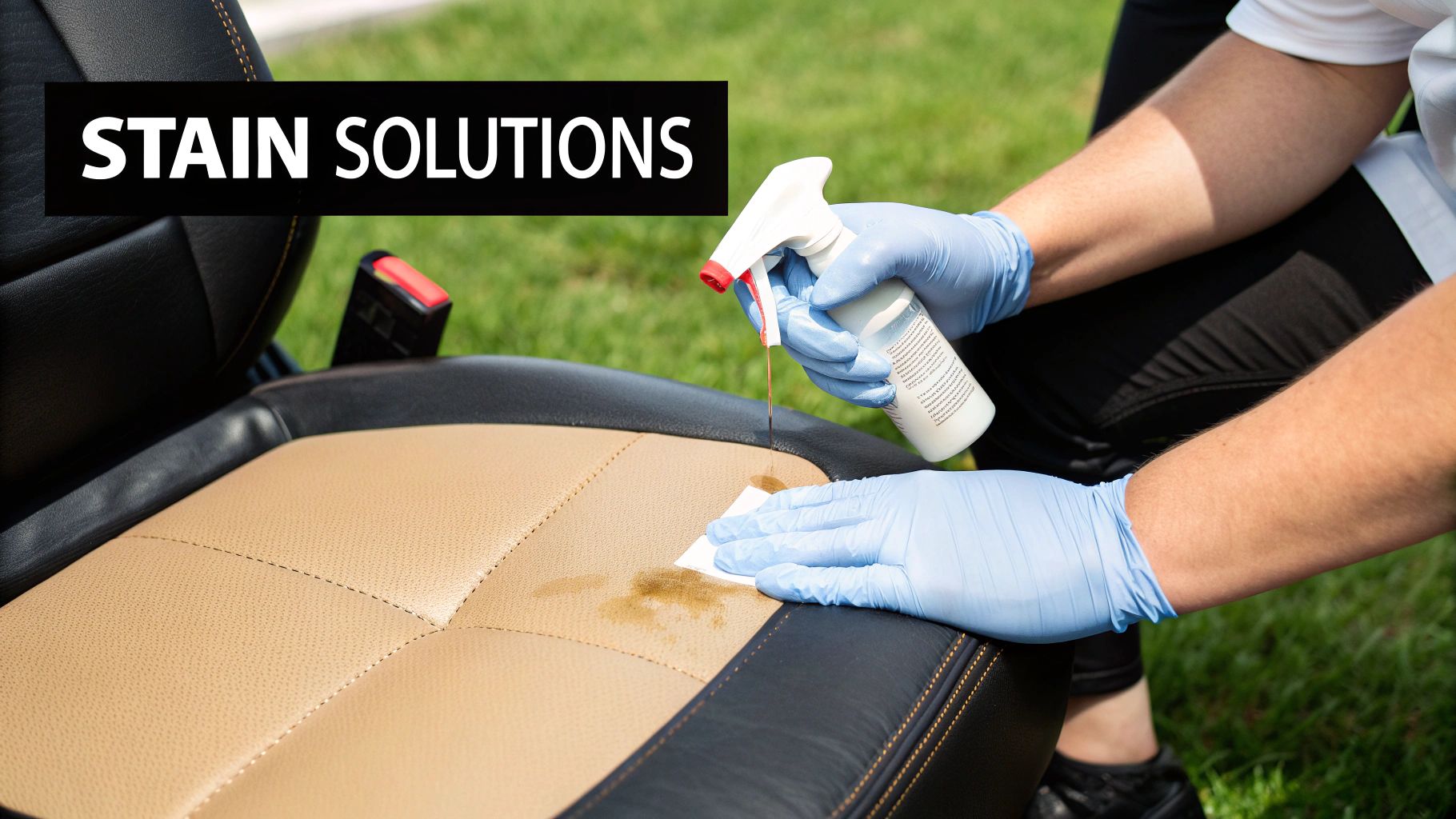 Person in blue gloves sprays cleaning solution onto a brown stain on a tan and black car seat.