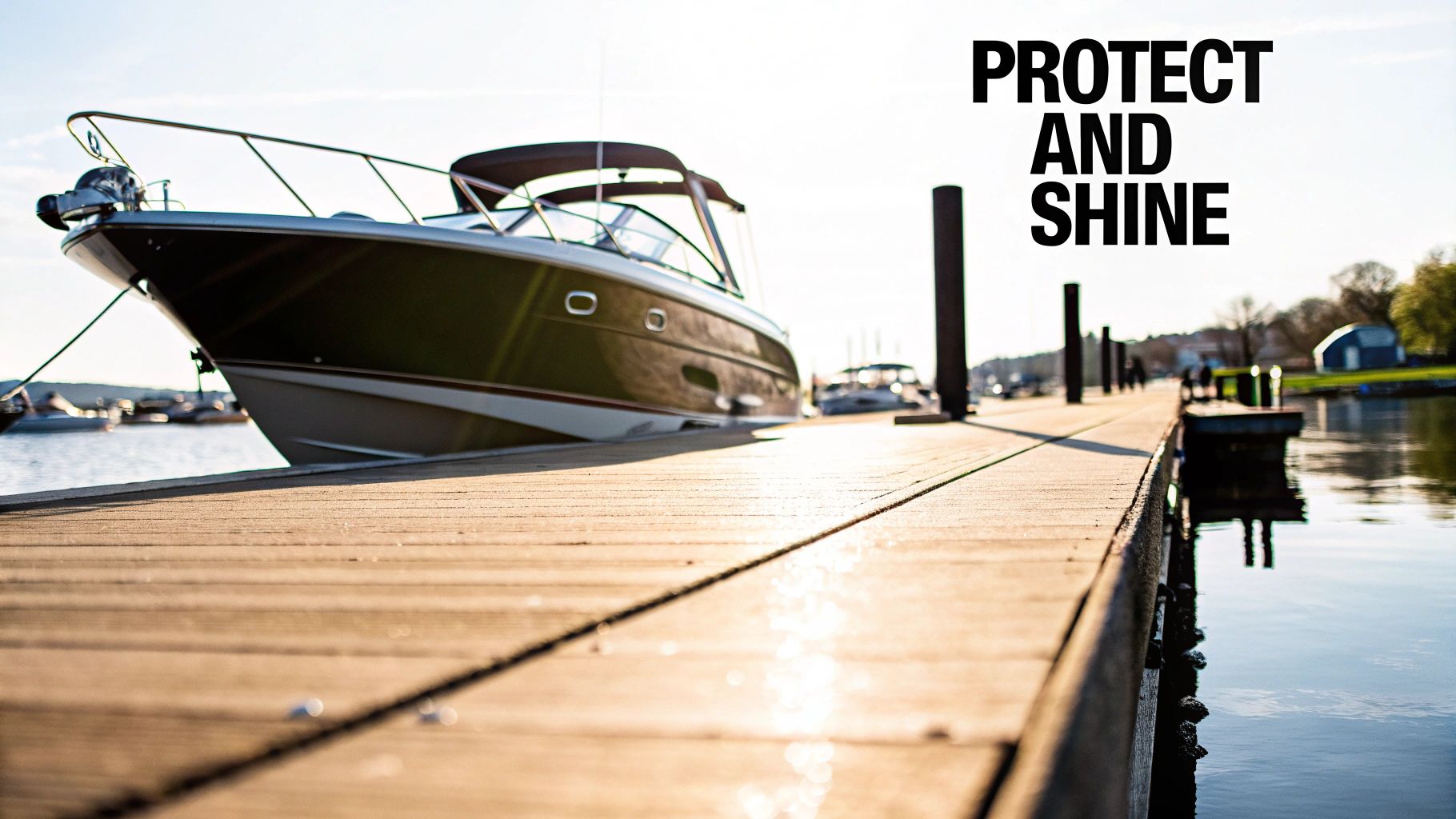 A boat docked at a sunlit wooden pier, with water reflections and the text "PROTECT AND SHINE".