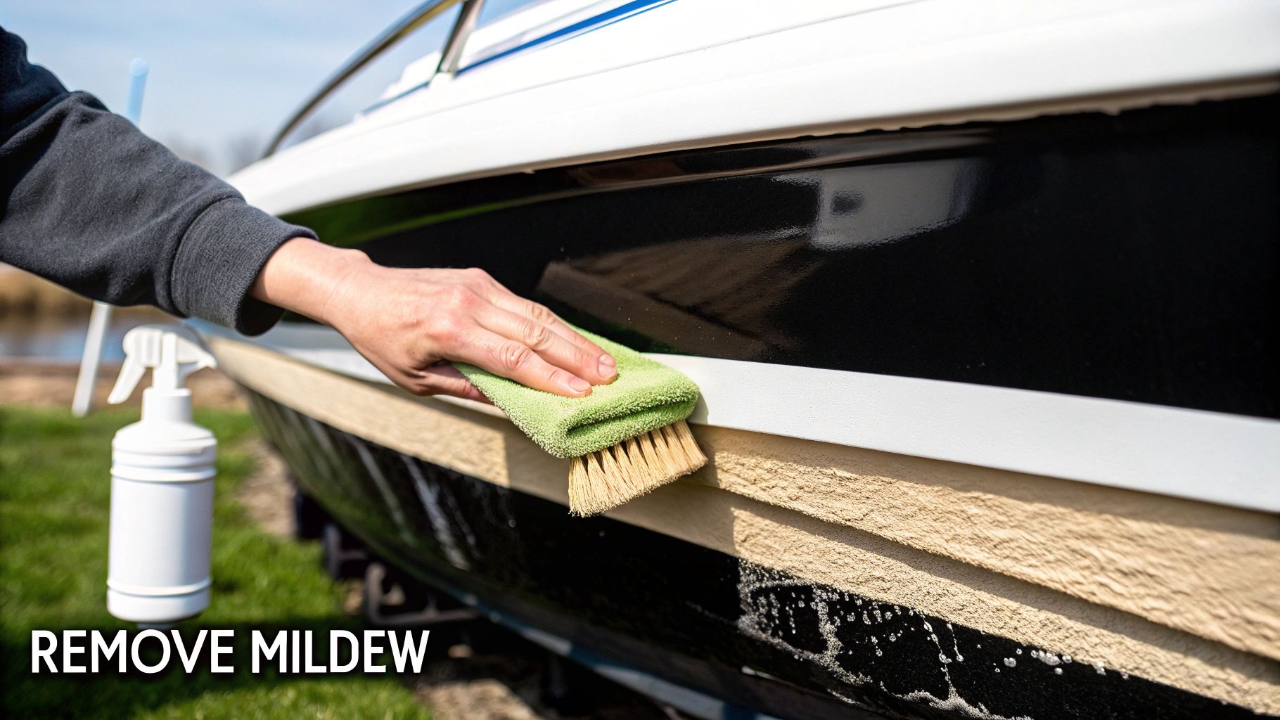 Person cleaning mildew from a boat hull with a brush and cloth, next to a spray bottle.