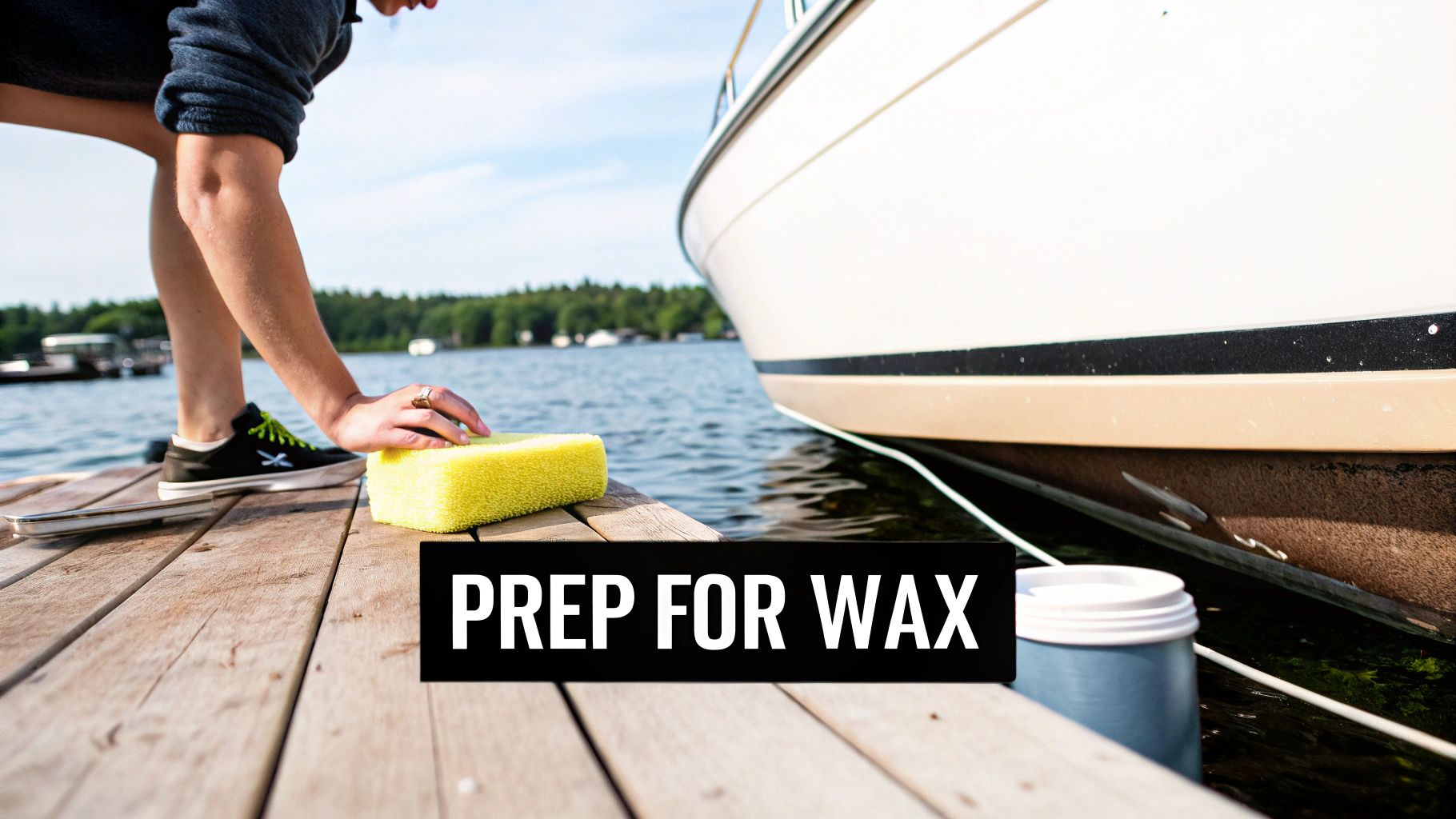 Person on a wooden dock preparing a boat for waxing using a yellow sponge on a sunny day.