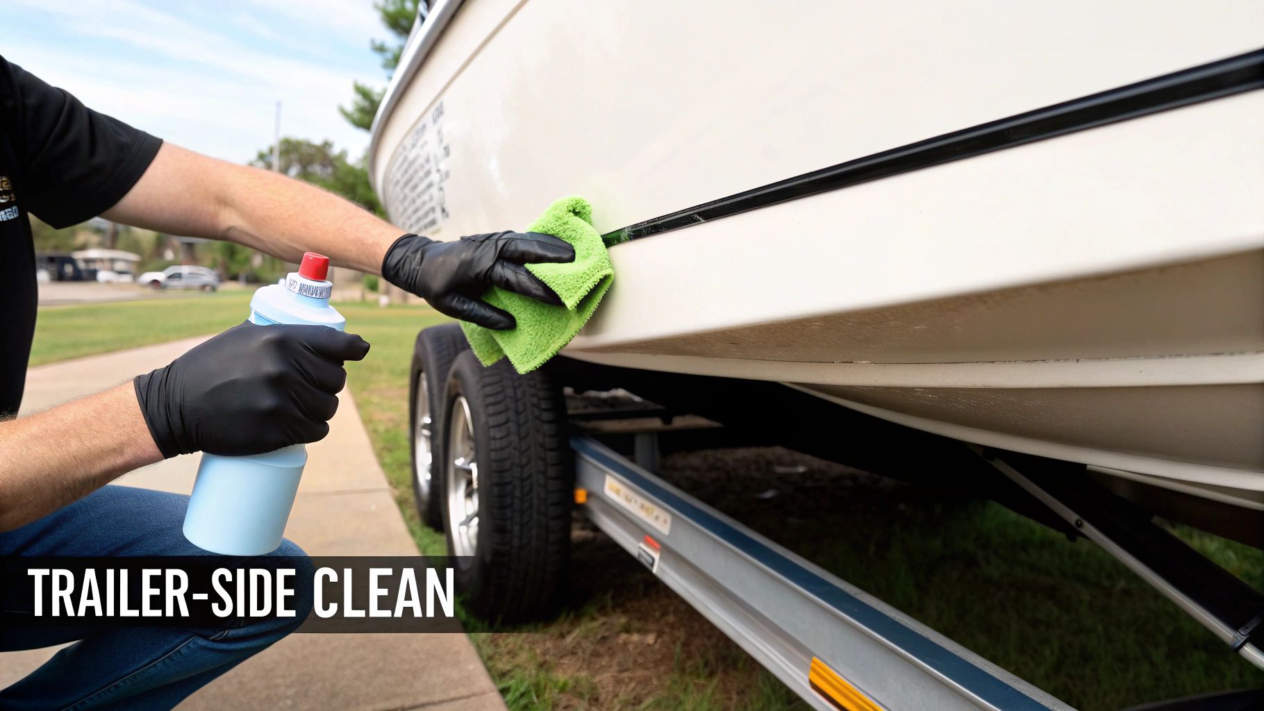 A person in black gloves cleans the side of a white boat on a trailer with a green cloth and a blue bottle.