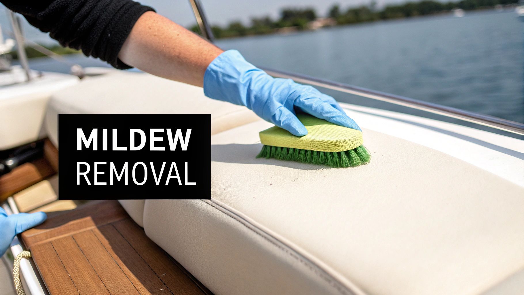 A gloved hand is using a green brush to scrub mildew off a cream boat cushion.