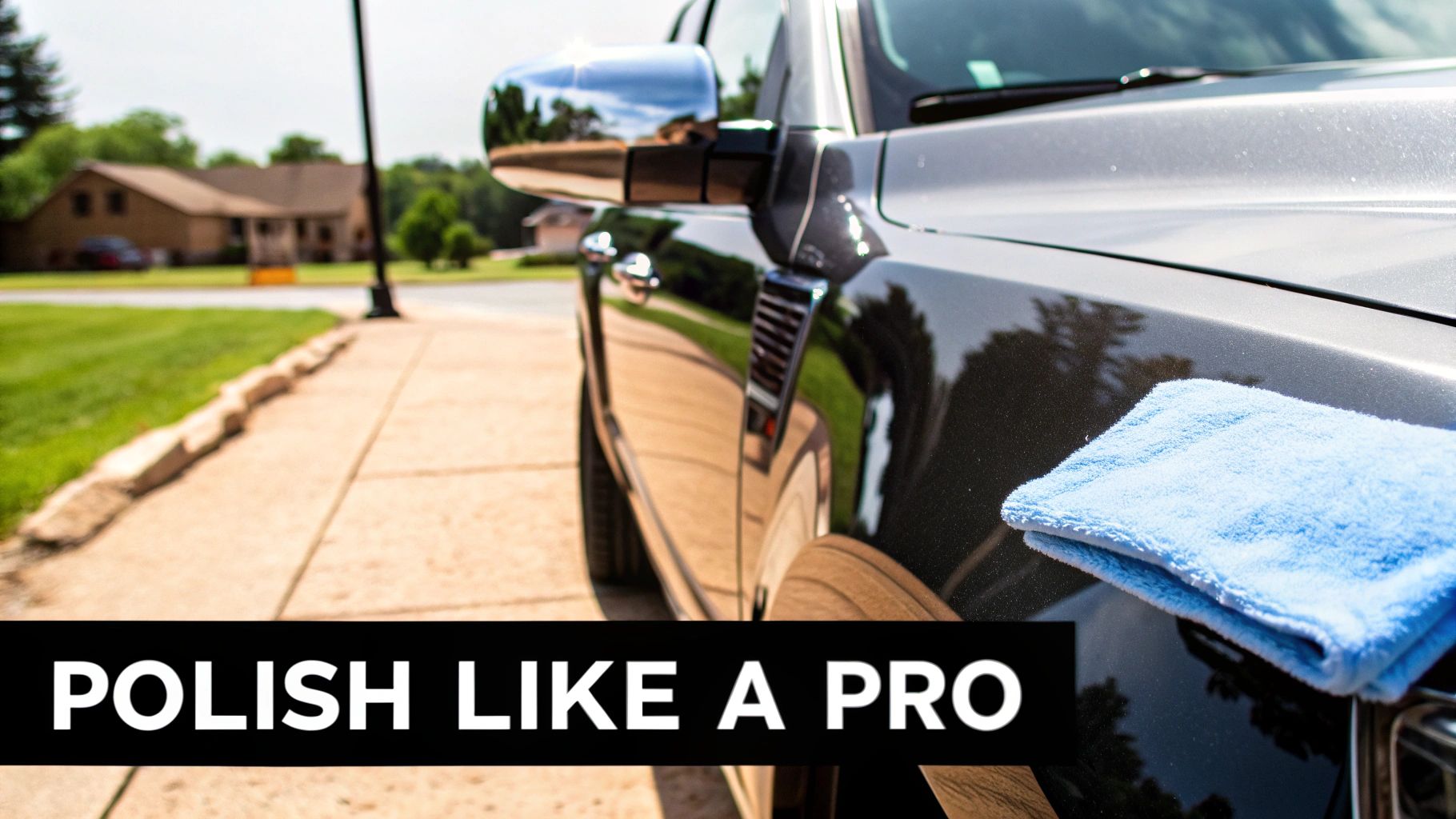 A shiny dark car being polished with a blue microfiber cloth, with text 'POLISH LIKE A PRO'.