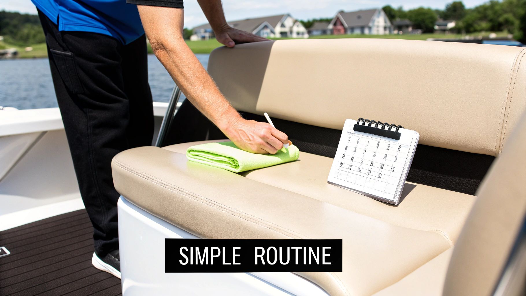 A person cleaning a boat's light-colored vinyl seat with a green towel and applicator, next to a checklist.