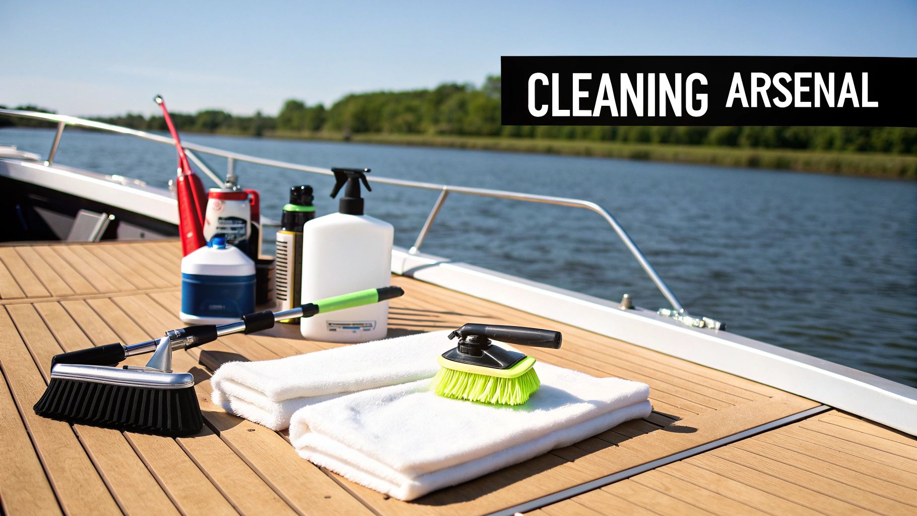 Boat cleaning arsenal with brushes, sprays, and towels on a teak deck by the water.
