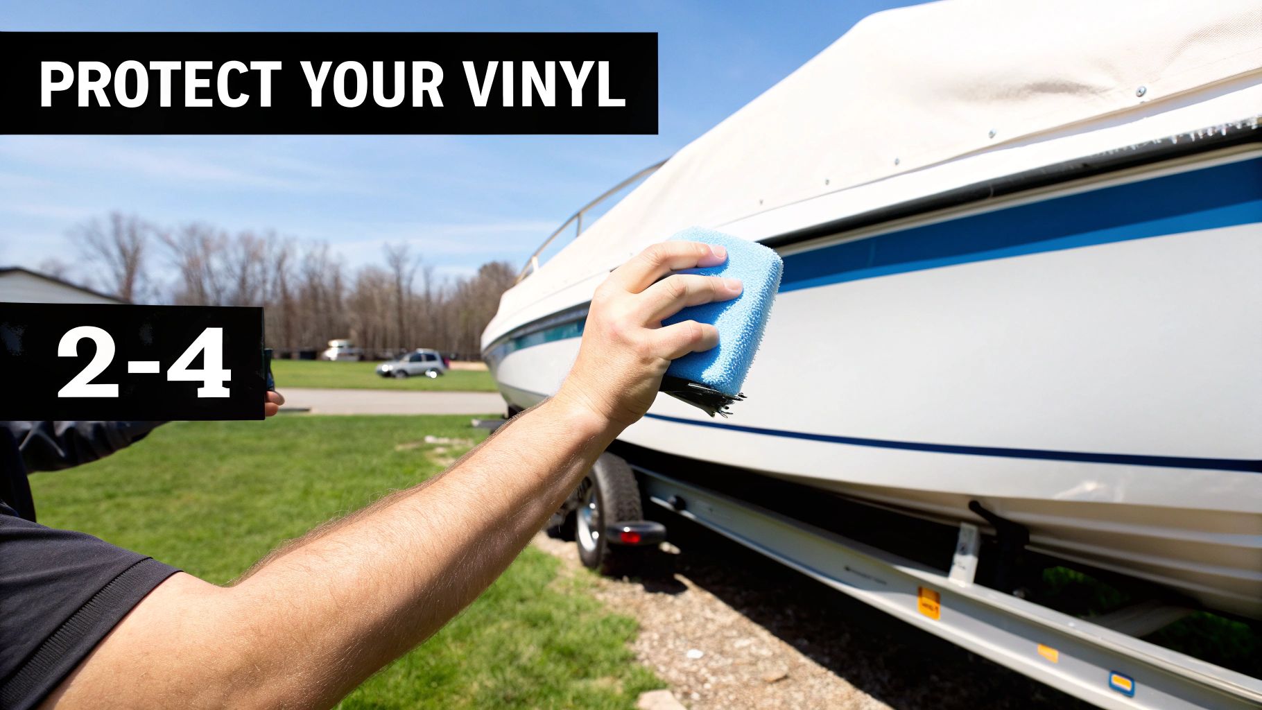A person uses a blue sponge to clean the white vinyl side of a boat on a sunny day.