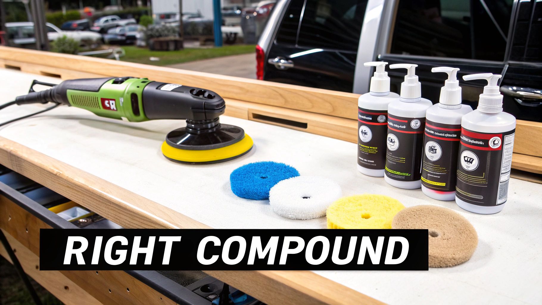 A green random orbital polisher, various buffing pads, and detailing compounds on a workstation.