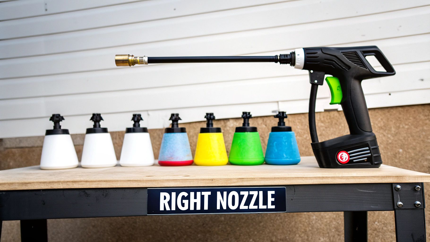 A black pressure washer gun with a green trigger, long nozzle, and several colorful soap bottles on a wooden table.