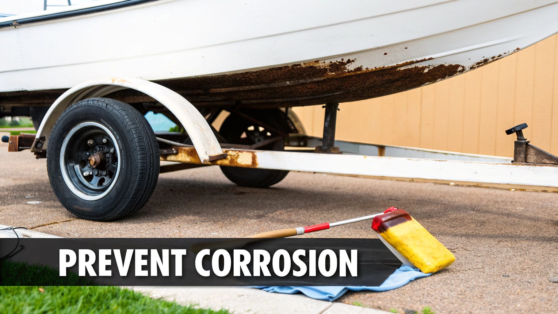 A white boat on a heavily corroded white boat trailer, with a yellow brush nearby and text 'PREVENT CORROSION'.
