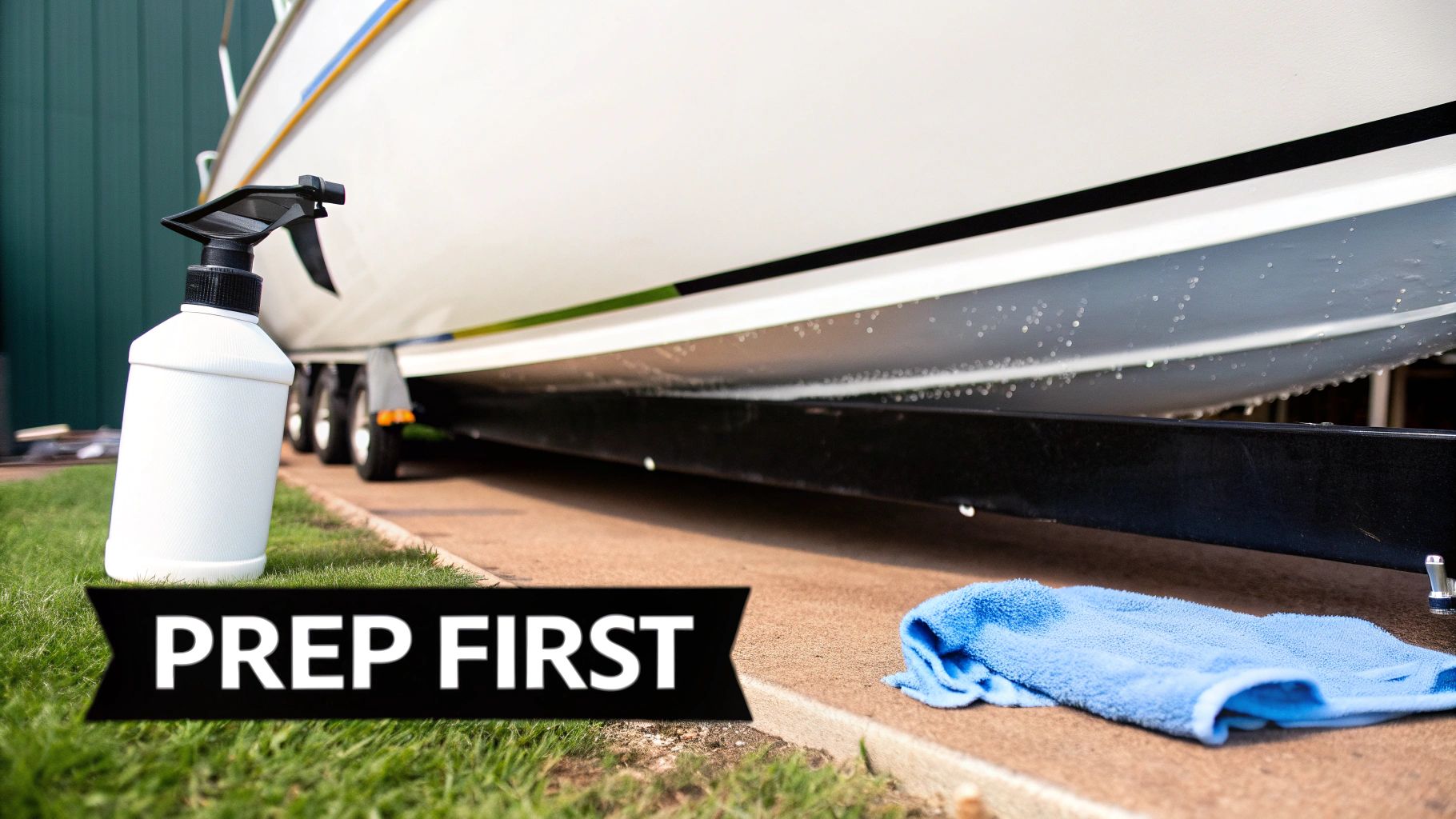 A white boat on a trailer, with a spray bottle, blue towel, and 'PREP FIRST' banner on the grass.