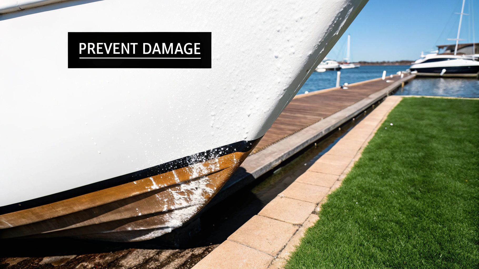 White boat hull with visible water spots, being launched or docked, featuring a 'PREVENT DAMAGE' text overlay.