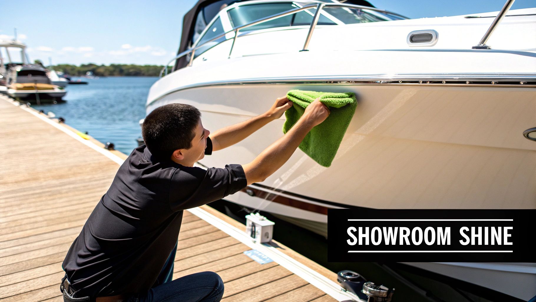 A person cleaning the hull of a white boat with a green microfiber cloth at a sunny marina.
