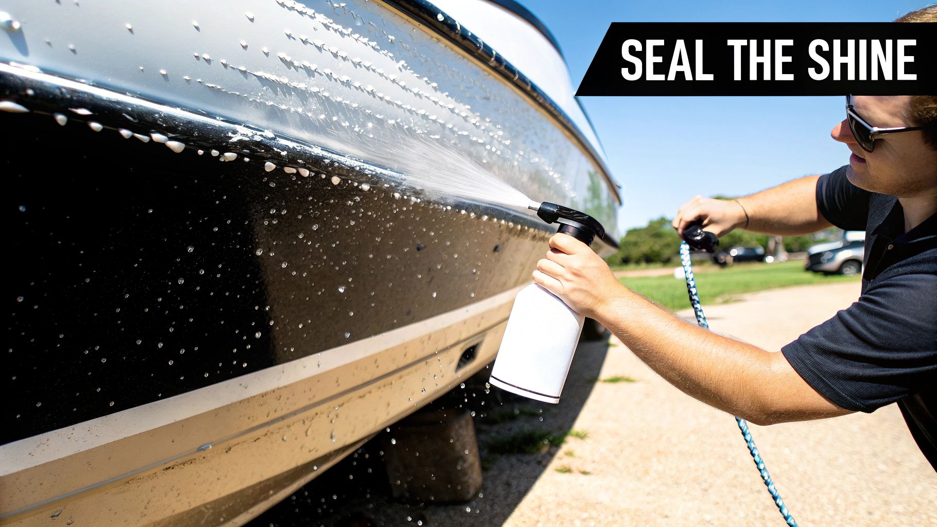 A person sprays liquid from a bottle onto the black hull of a boat, cleaning or sealing its shine.