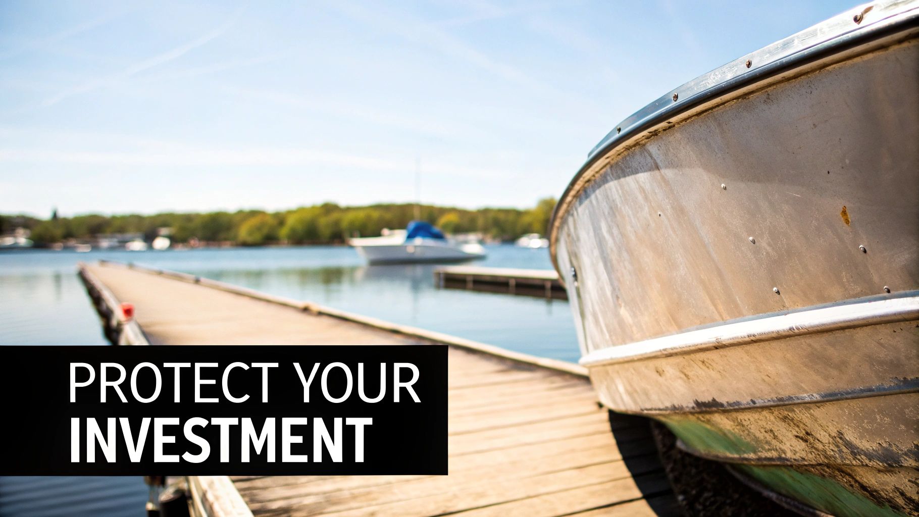 A close-up of a weathered aluminum boat partially on a wooden dock by a calm lake.