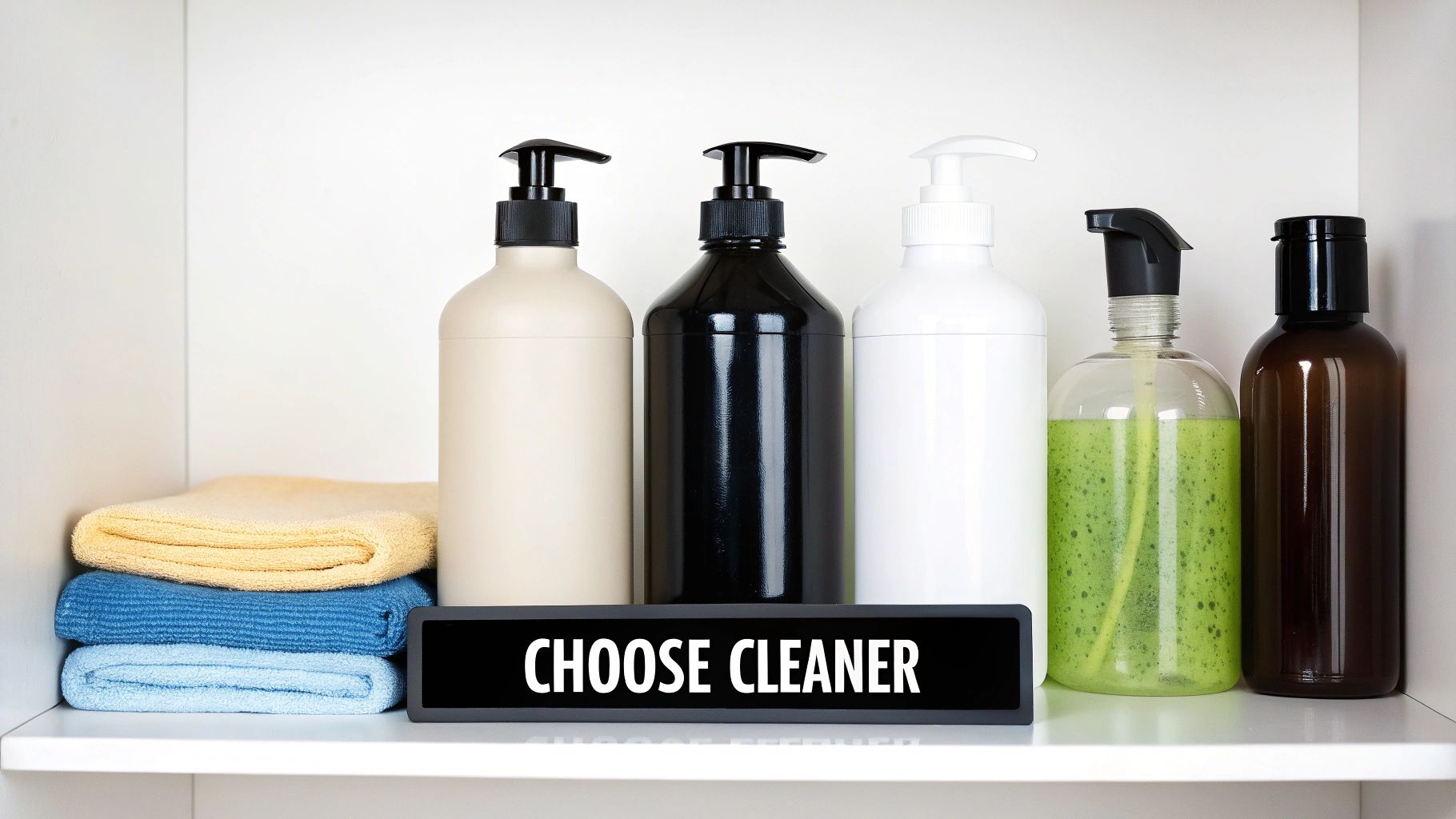 A white shelf with diverse cleaning product bottles, stacked colorful towels, and a 'CHOOSE CLEANER' sign.