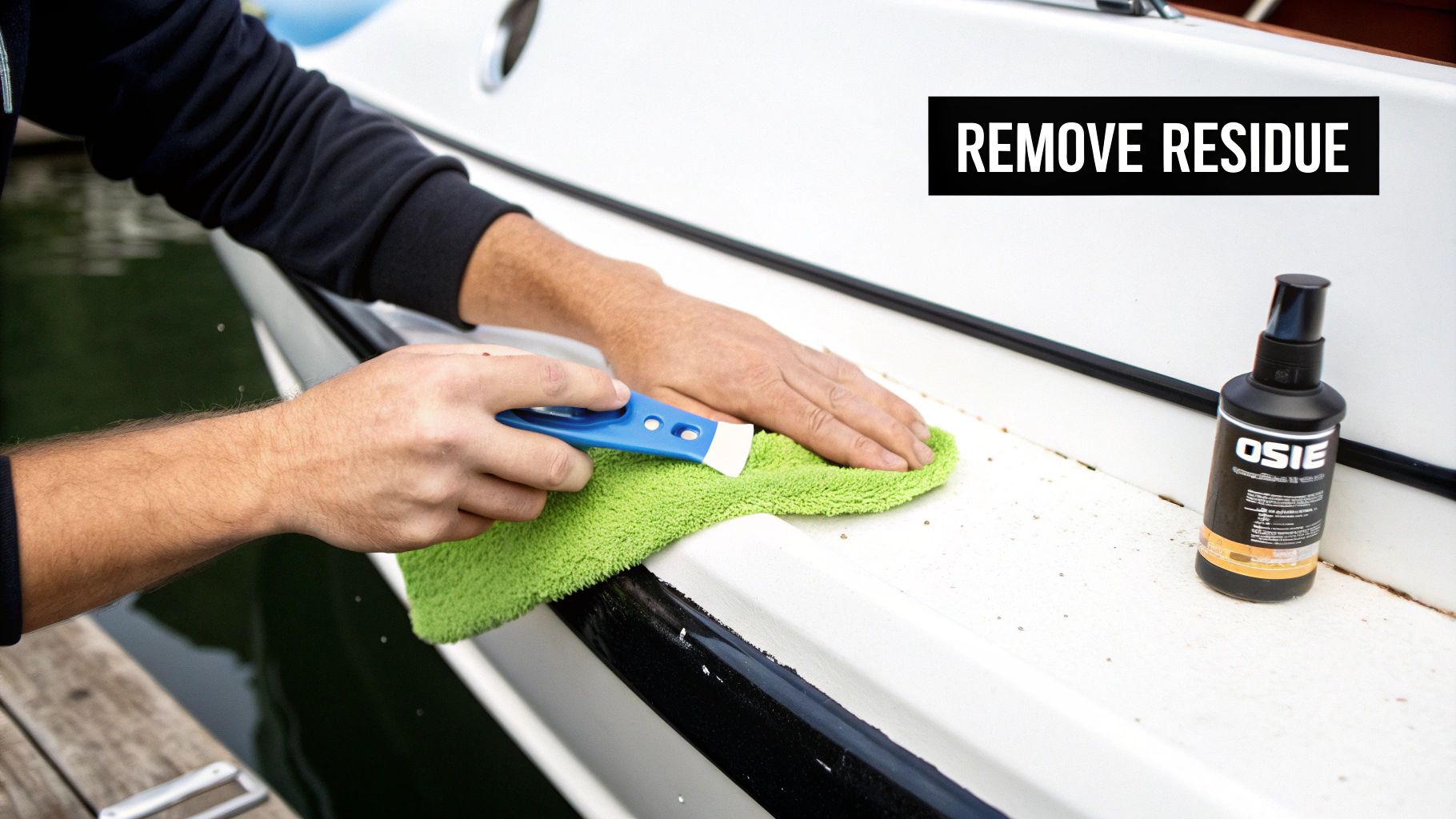 A person cleaning a white boat surface with a a blue scraper and a green microfiber cloth, alongside a cleaning product.